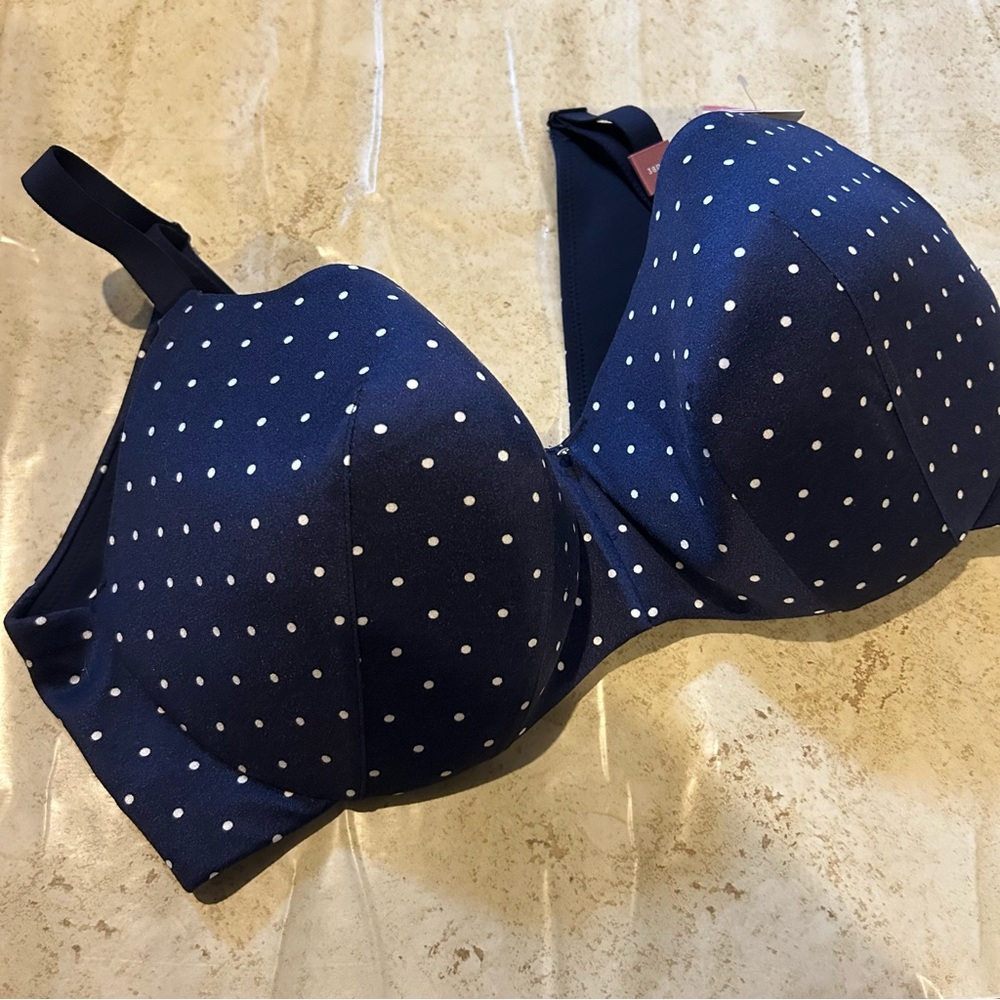 NWT Cacique Size 38DDD (F) navy blu lightly lined balconette back smoothing bra